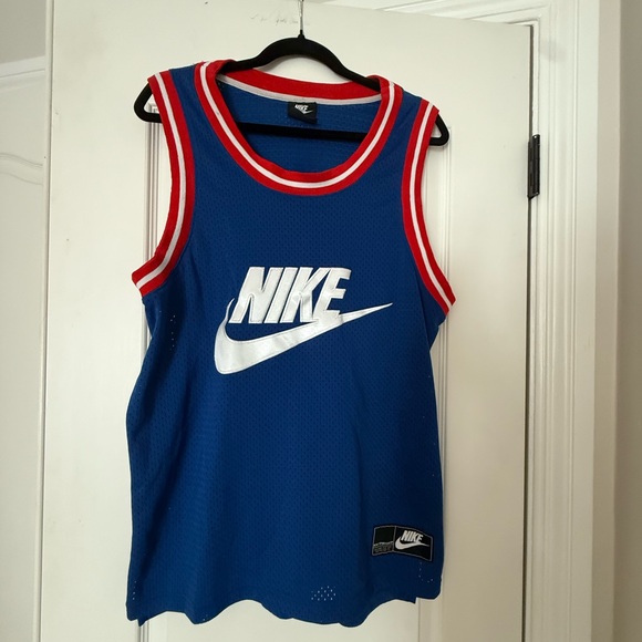 Nike Men’s Med Blue Red White Mesh Tank Basketball Jersey Spell Out Logo - Picture 1 of 5
